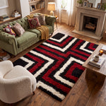 California Red Tides Shaggy Rug, Thick 5cm Deep Pile Geometric Rug for Living Room and Bedroom, Non-Shedding