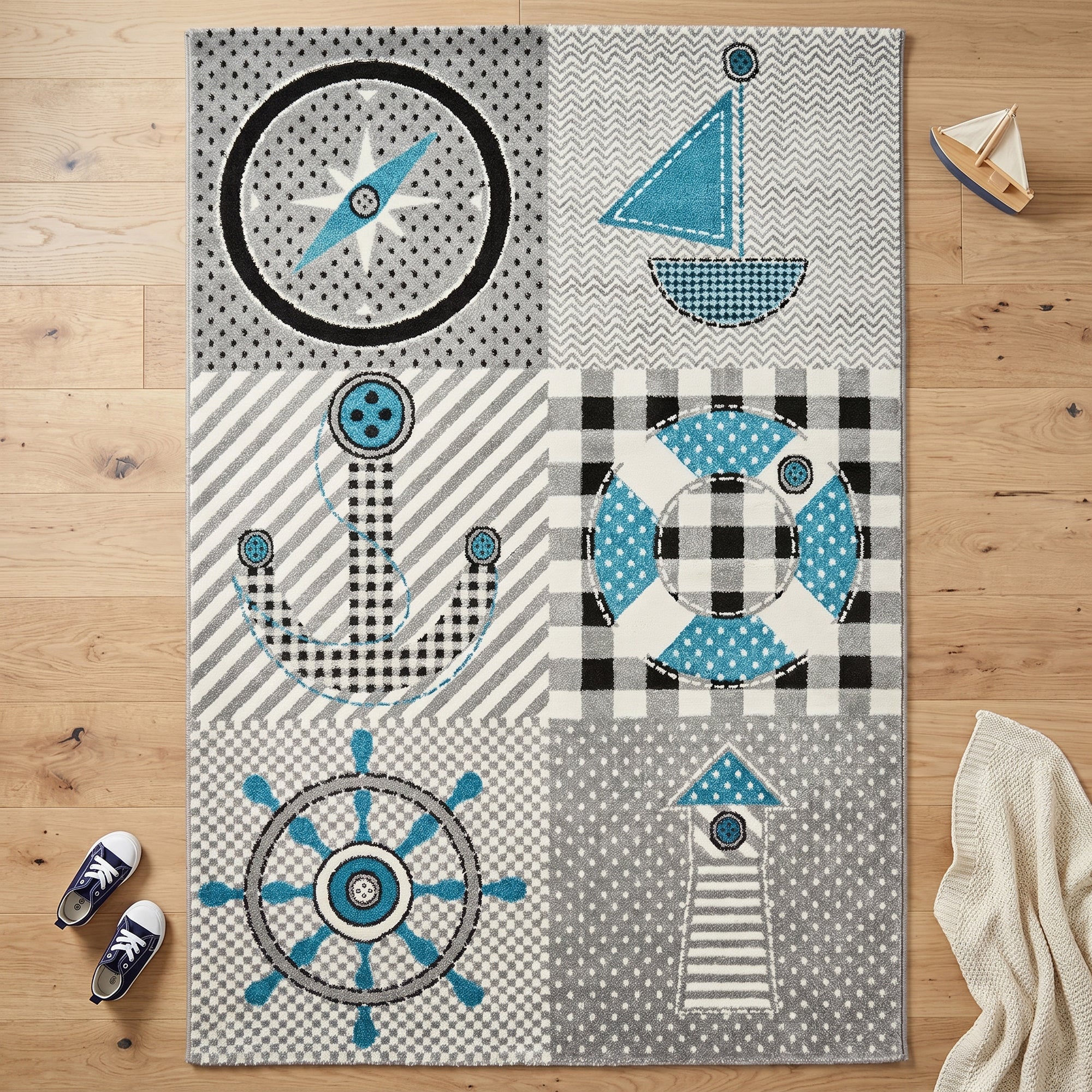 Grey Nautical Sailor Kids Rug, Blue and Grey Children's Bedroom and Nursery Play Mat, Soft 13mm Pile, OEKO-TEX Tested