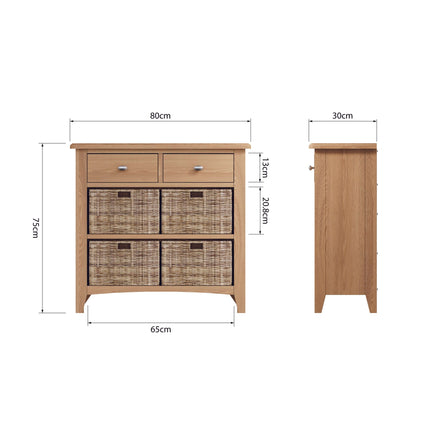 Rowan Oak 2 Drawers 4 Wicker Basket Sideboard