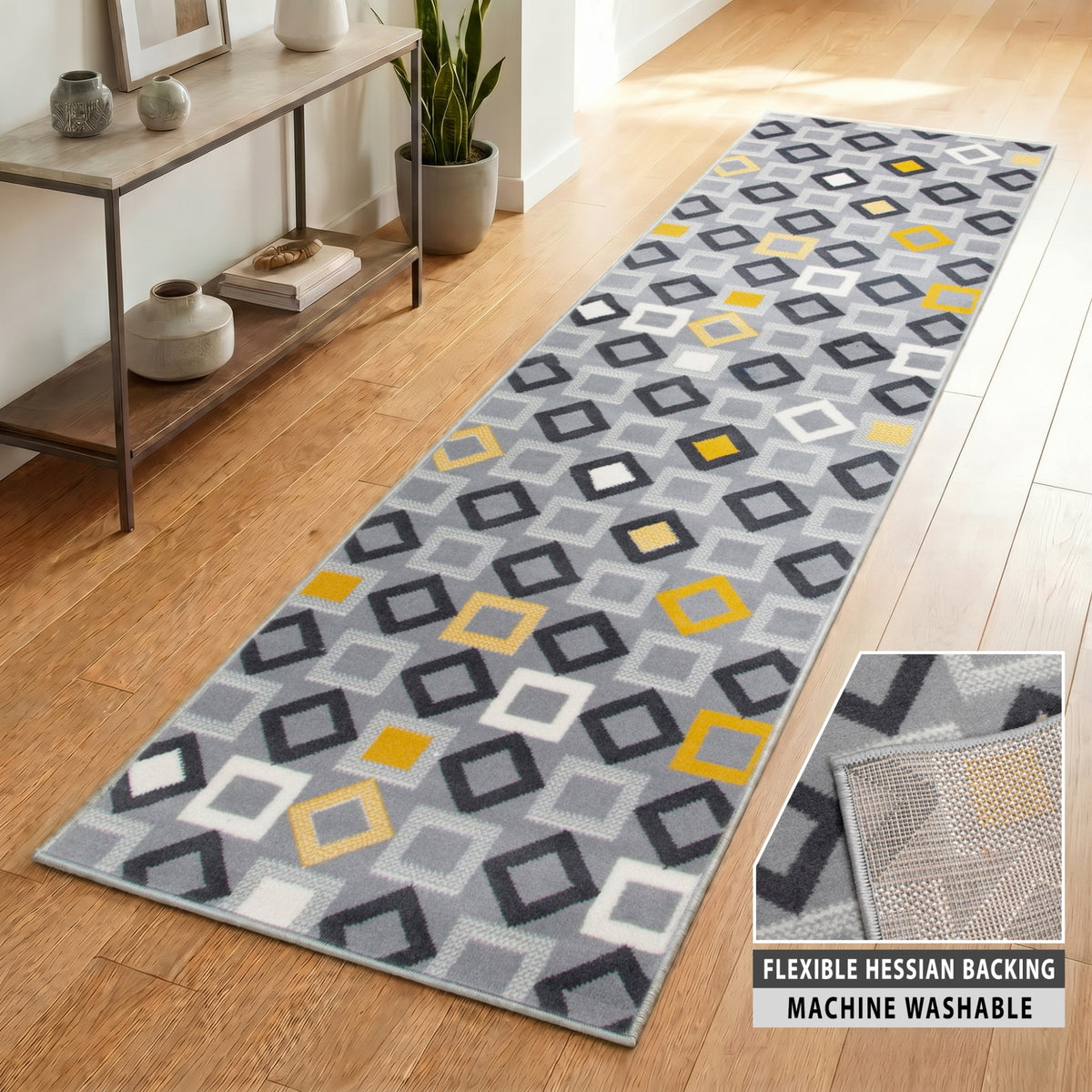 Texas Gold, Grey and White Geometric Stair Runner, Hessian Backed Hallway Runner, Low 9mm Pile, Custom Lengths