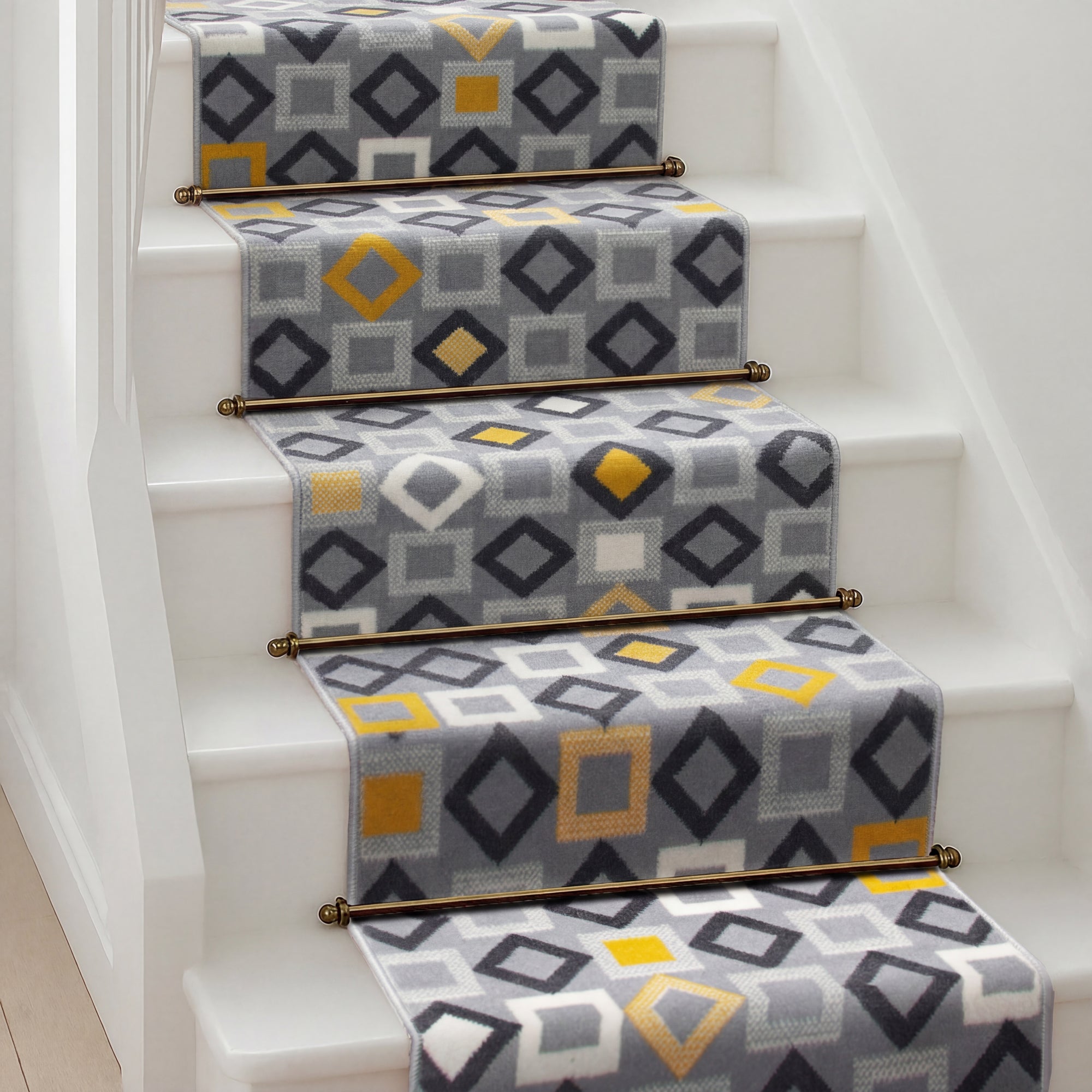 Texas Gold, Grey and White Geometric Stair Runner, Hessian Backed Hallway Runner, Low 9mm Pile, Custom Lengths