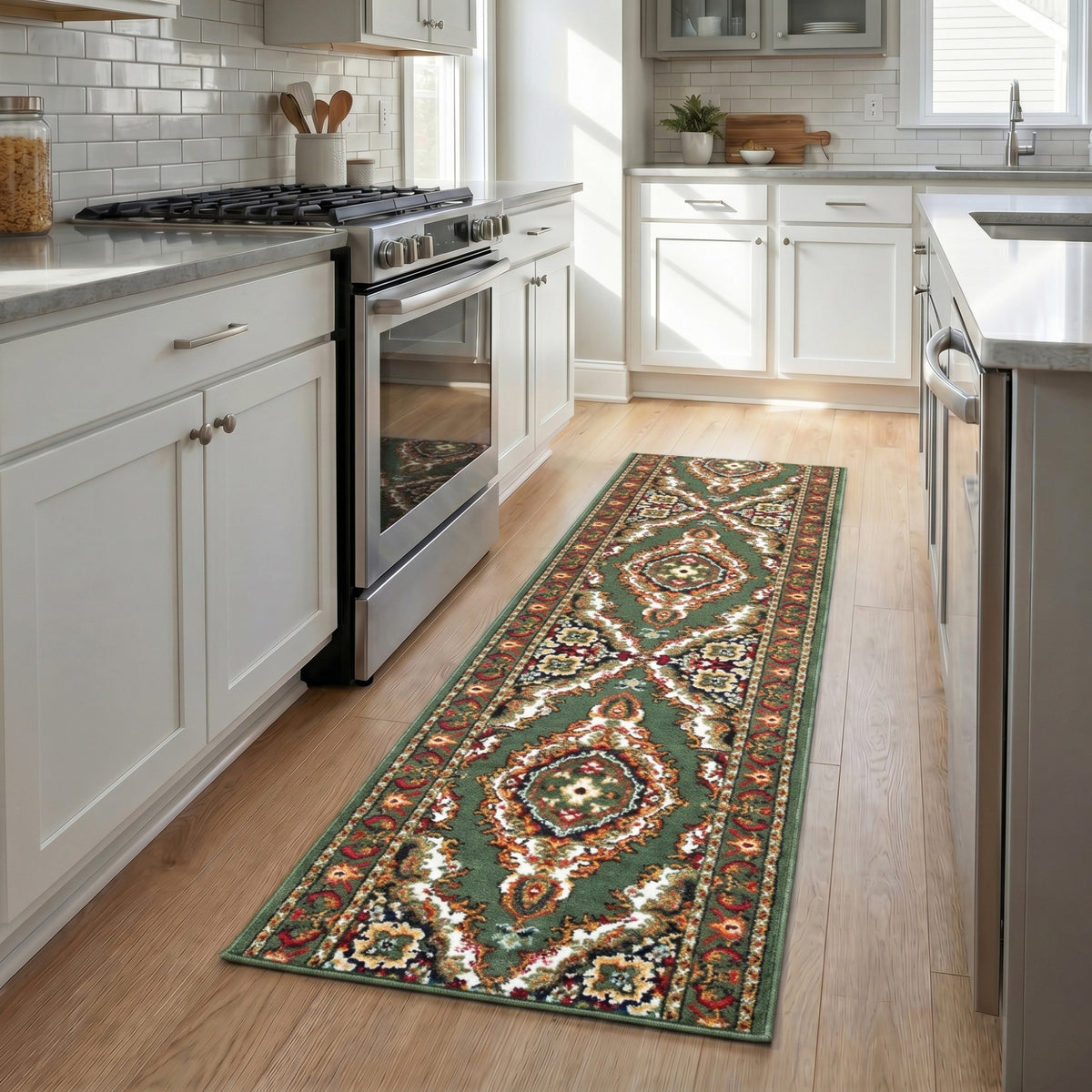 Green Medallion Stair Runner, Persian Style Hessian Backed Hallway Carpet Runner, 60cm Wide, 9mm Pile, Custom Lengths