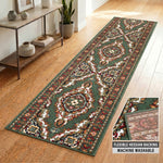 Green Medallion Stair Runner, Persian Style Hessian Backed Hallway Carpet Runner, 60cm Wide, 9mm Pile, Custom Lengths