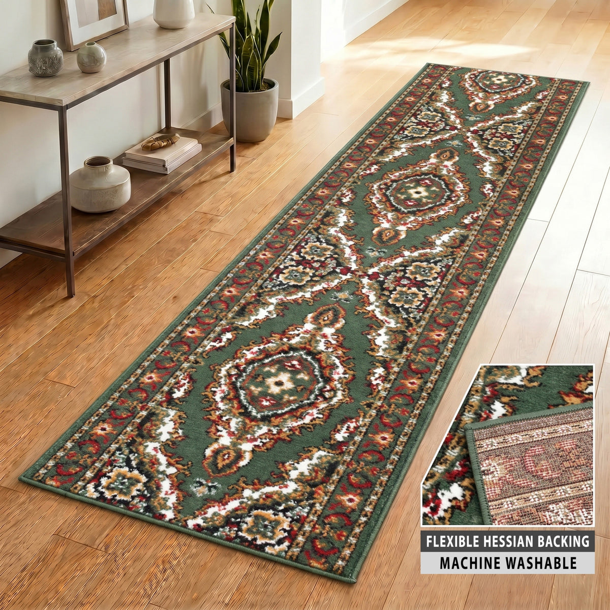 Green Medallion Stair Runner, Persian Style Hessian Backed Hallway Carpet Runner, 60cm Wide, 9mm Pile, Custom Lengths