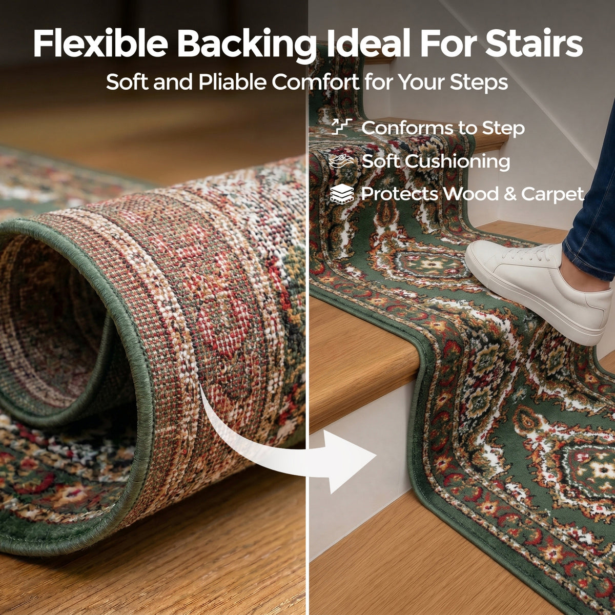 Green Medallion Stair Runner, Persian Style Hessian Backed Hallway Carpet Runner, 60cm Wide, 9mm Pile, Custom Lengths