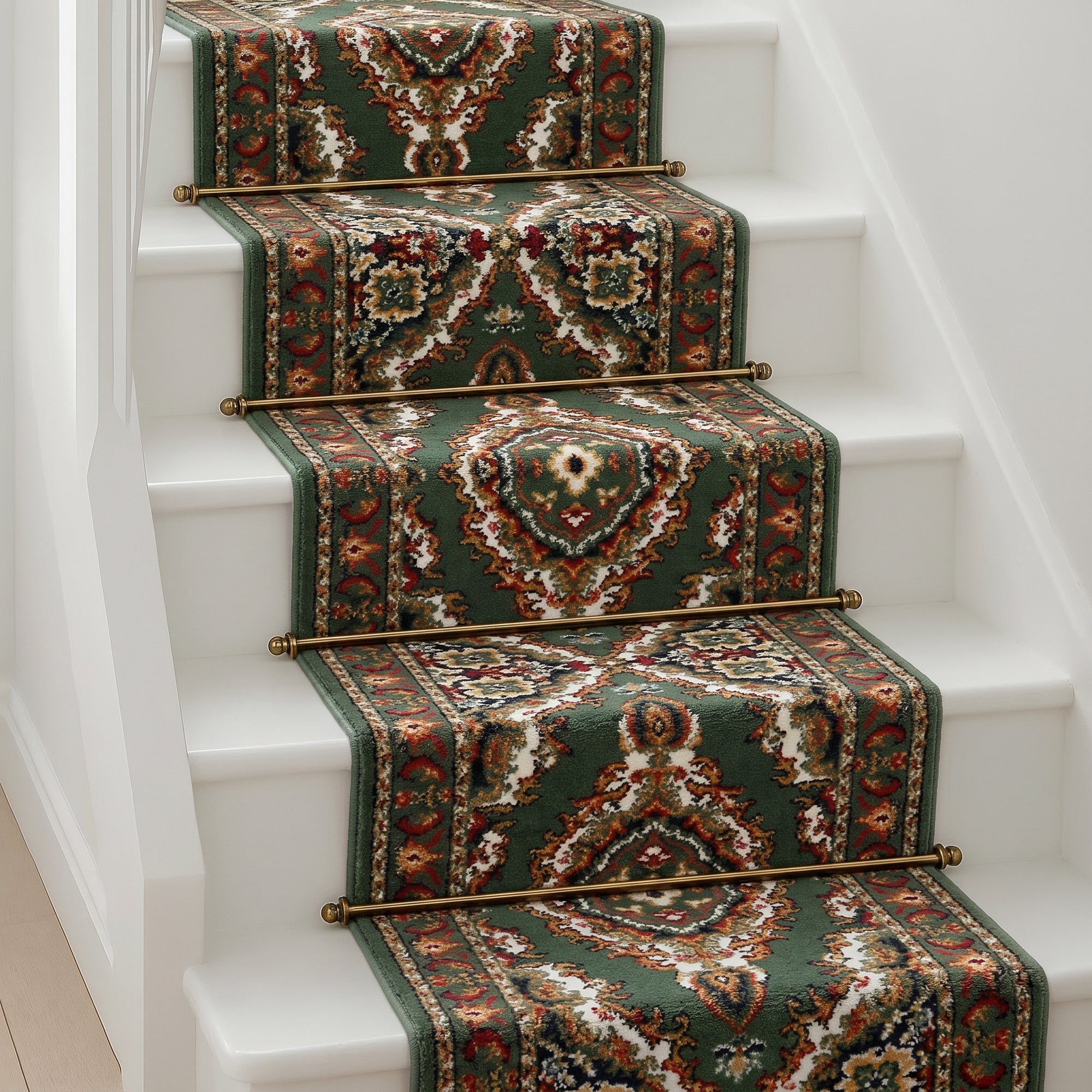 Green Medallion Stair Runner, Persian Style Hessian Backed Hallway Carpet Runner, 60cm Wide, 9mm Pile, Custom Lengths