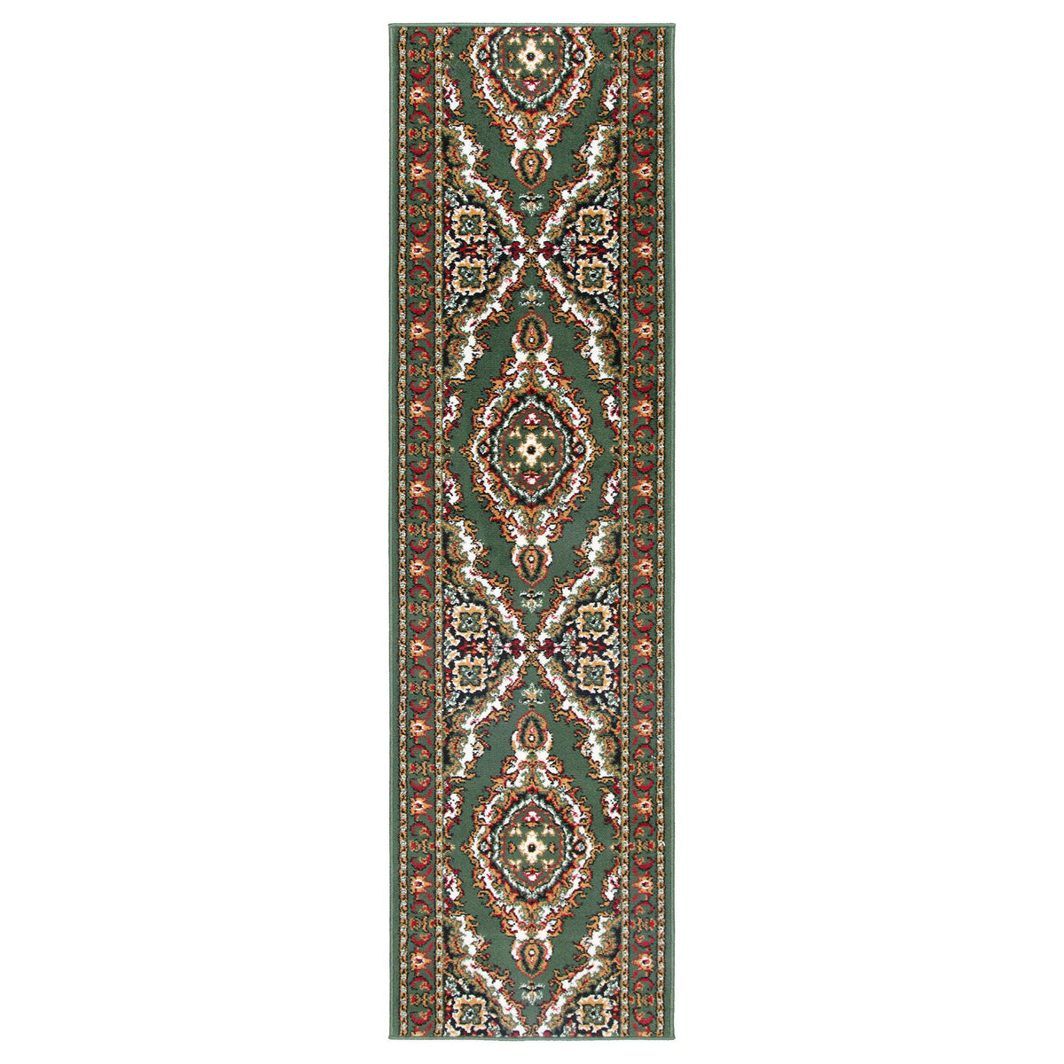Green Medallion Stair Runner, Persian Style Hessian Backed Hallway Carpet Runner, 60cm Wide, 9mm Pile, Custom Lengths