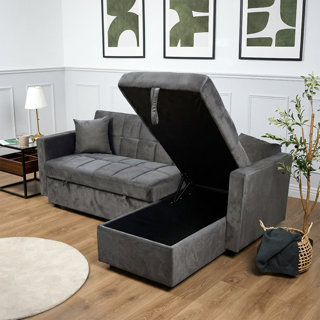 Milo Grey Corner Sofa Bed with Storage - Velvet Sofa Bed & Pull Out Bed