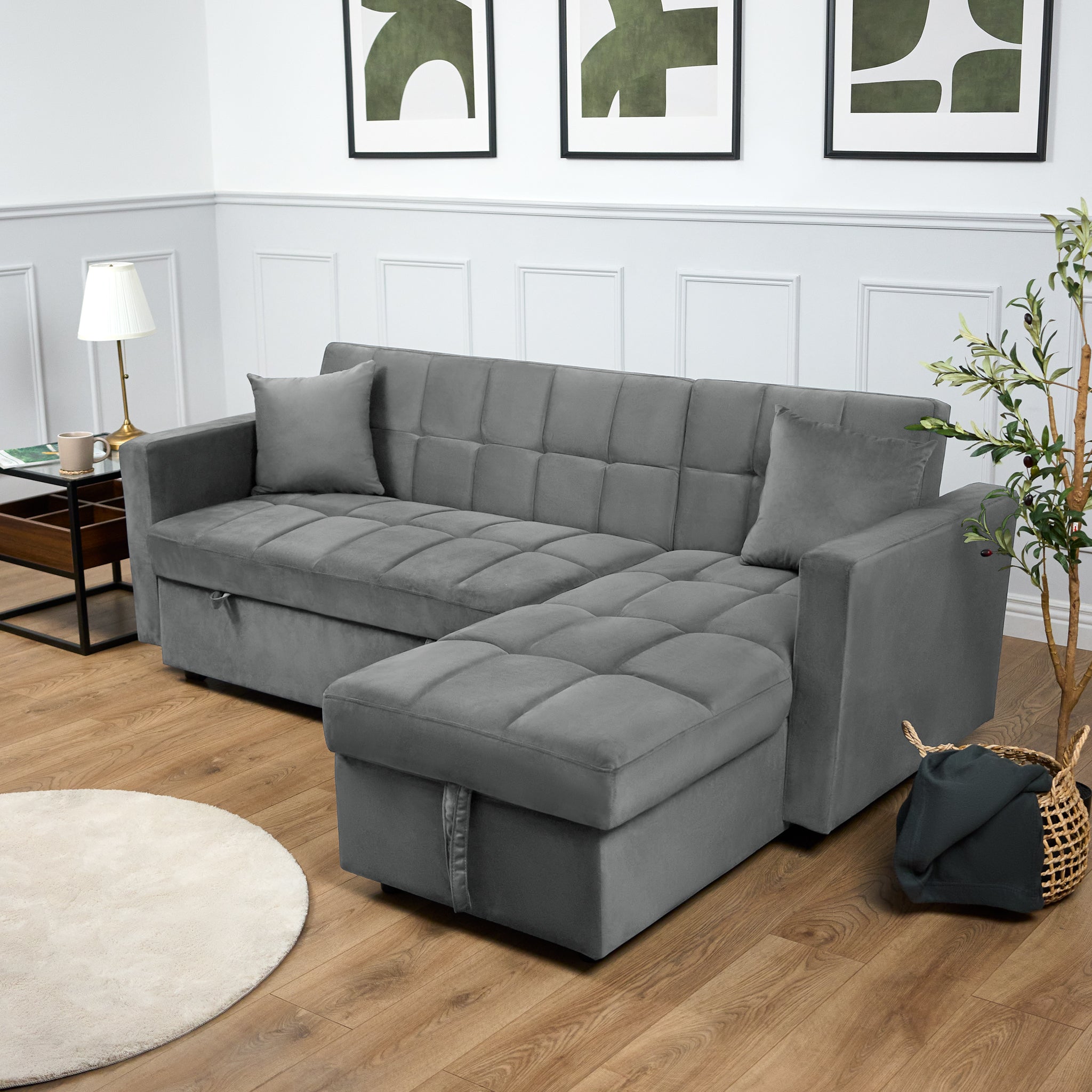 Milo Grey Corner Sofa Bed with Storage - Velvet Sofa Bed & Pull Out Bed