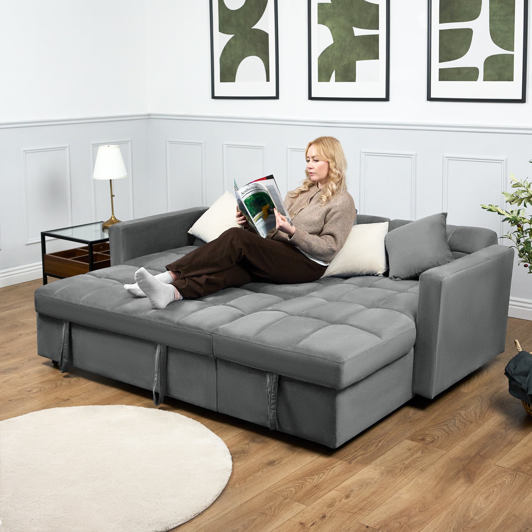 Milo Grey Corner Sofa Bed with Storage - Velvet Sofa Bed & Pull Out Bed