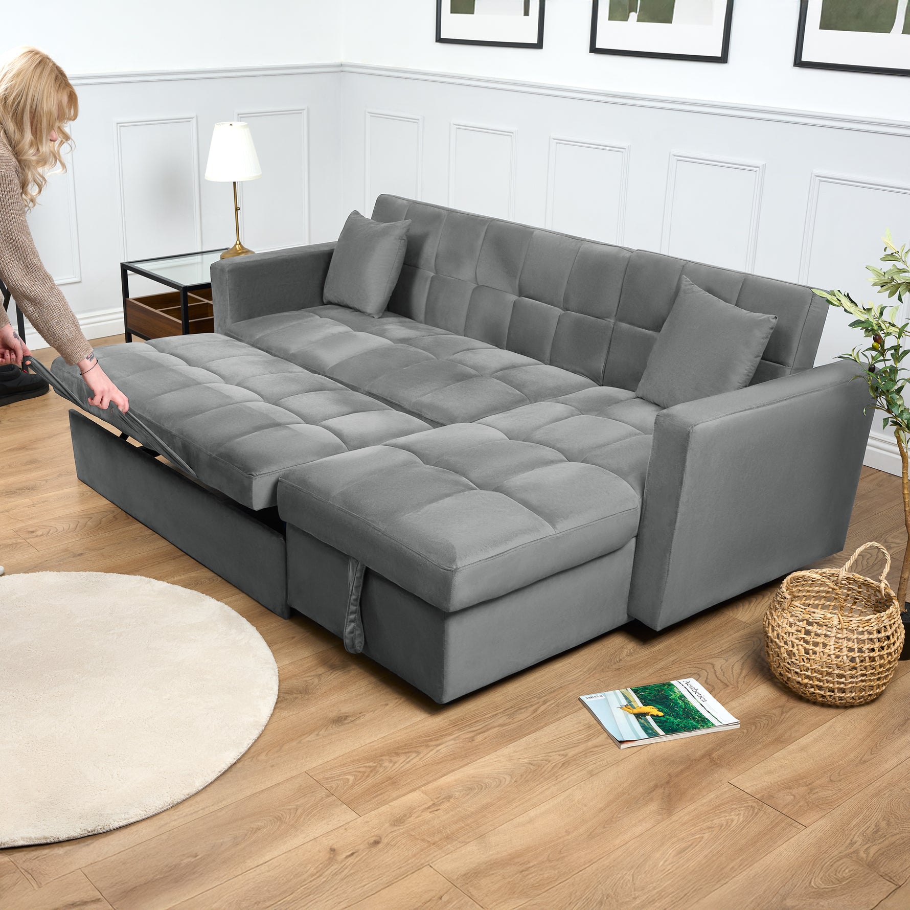 Milo Grey Corner Sofa Bed with Storage - Velvet Sofa Bed & Pull Out Bed