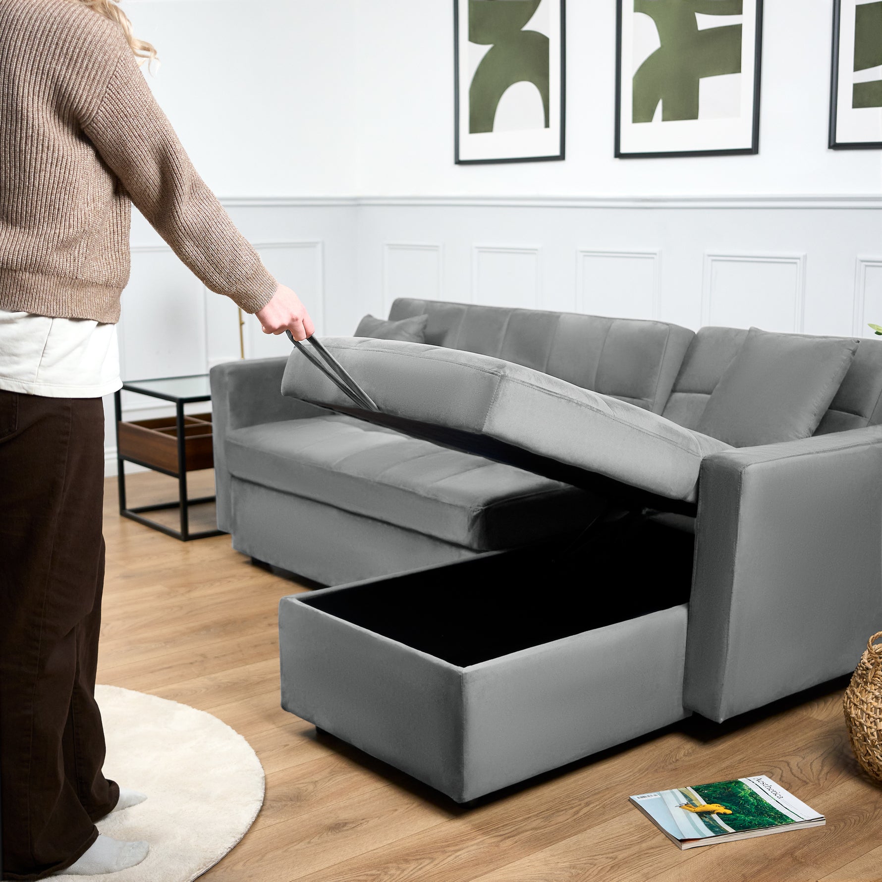 Milo Grey Corner Sofa Bed with Storage - Velvet Sofa Bed & Pull Out Bed