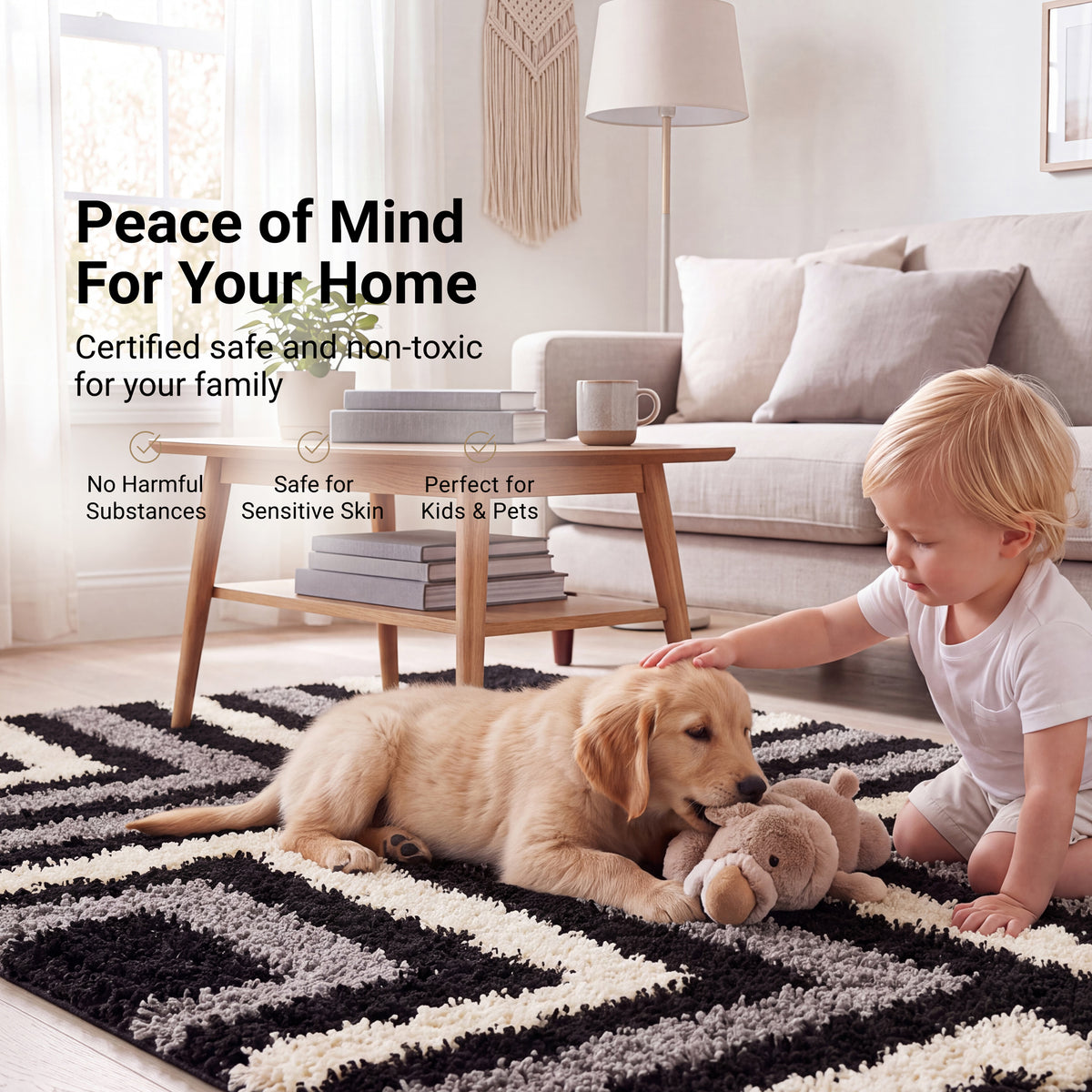 California Tides Grey Shaggy Rug, Striped Geometric 5cm Deep Pile Rug for Living Room and Bedroom, Non-Shedding