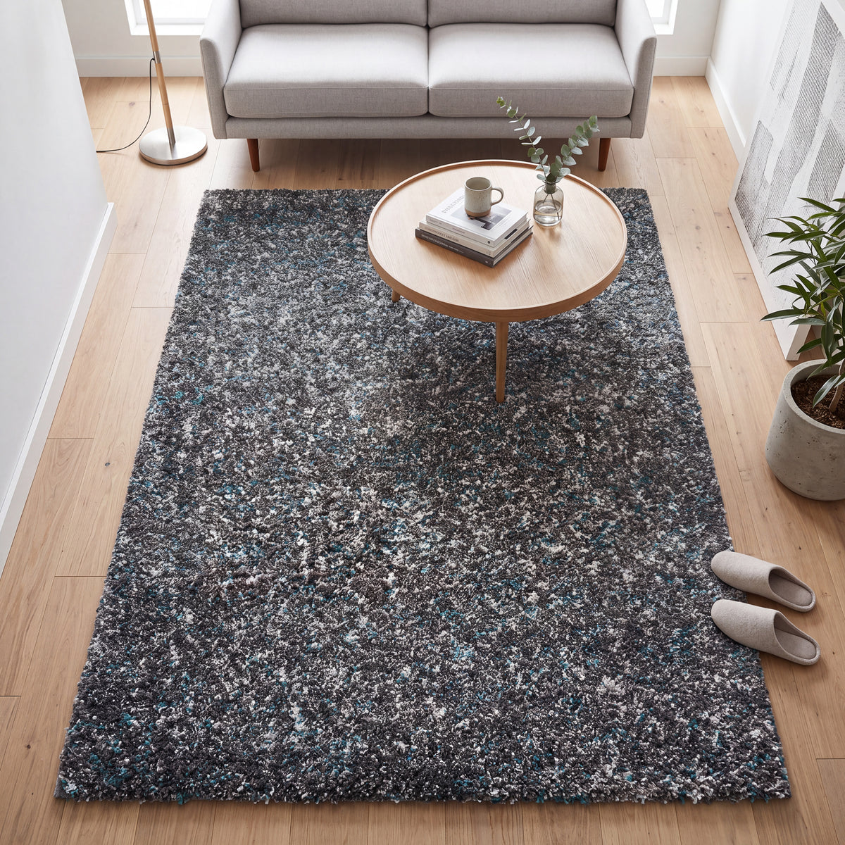 Enjoy Blue and Grey Mottled Shaggy Rug, 4cm Thick Pile, Non-Shedding Polypropylene, Hessian Backed, Multiple Sizes