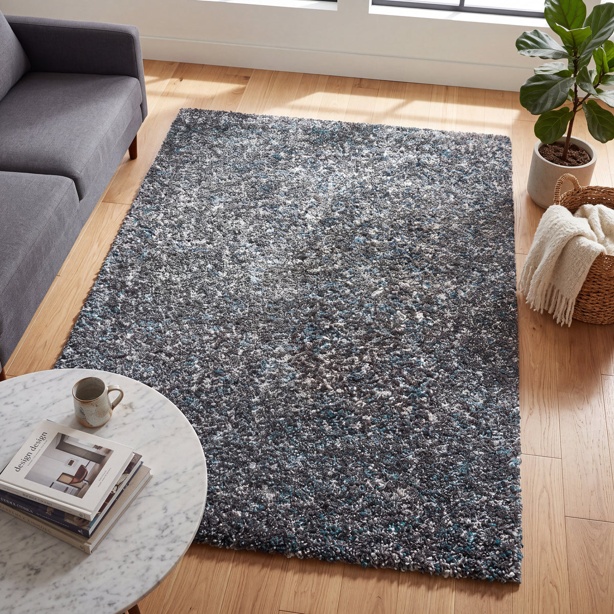 Enjoy Blue and Grey Mottled Shaggy Rug, 4cm Thick Pile, Non-Shedding Polypropylene, Hessian Backed, Multiple Sizes