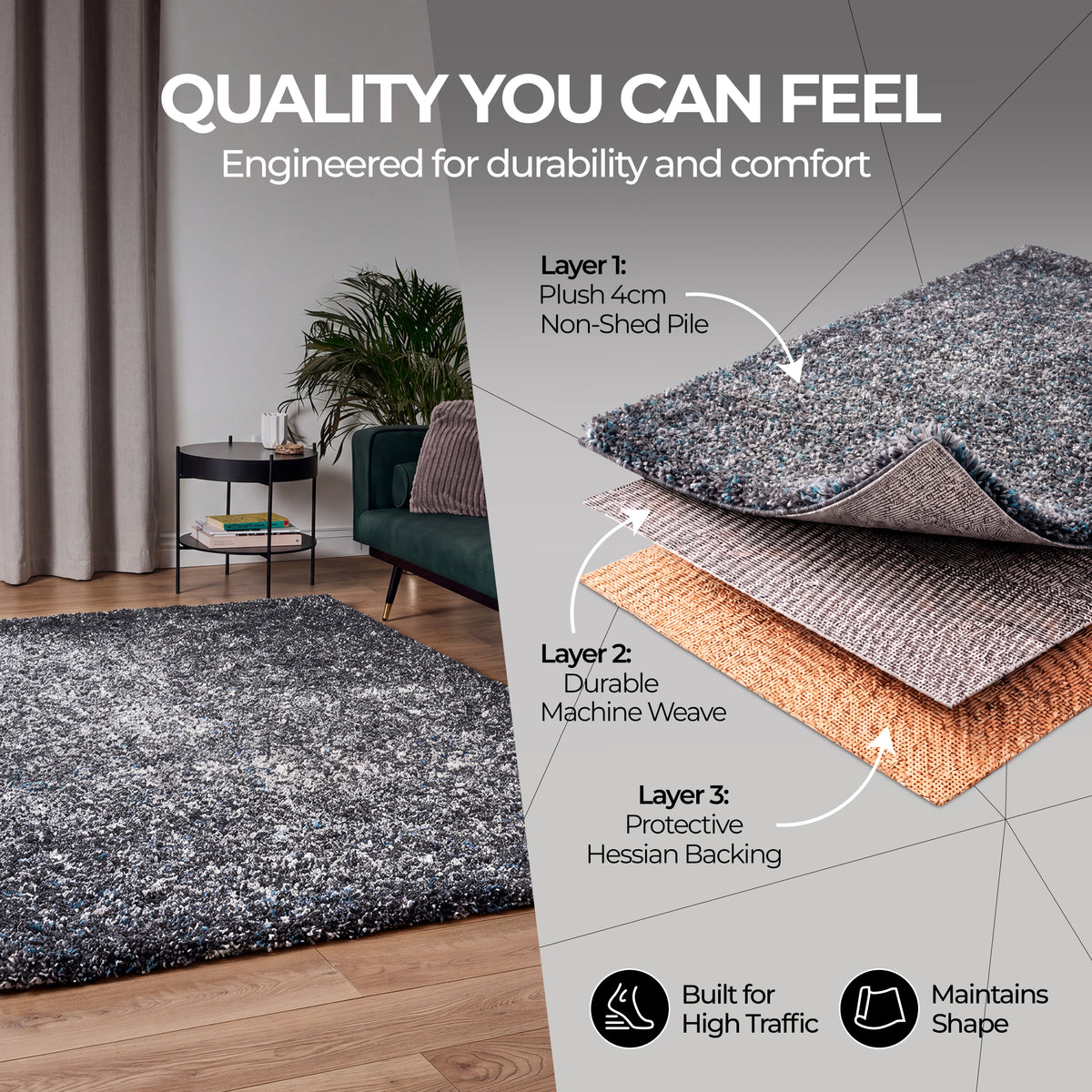 Enjoy Blue and Grey Mottled Shaggy Rug, 4cm Thick Pile, Non-Shedding Polypropylene, Hessian Backed, Multiple Sizes