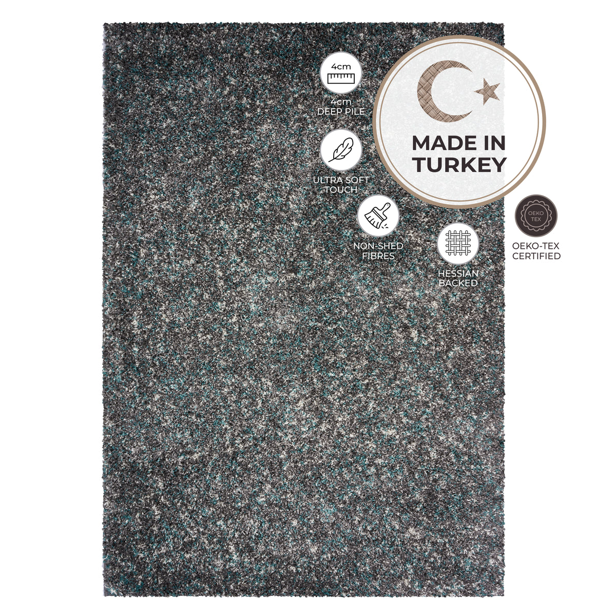 Enjoy Blue and Grey Mottled Shaggy Rug, 4cm Thick Pile, Non-Shedding Polypropylene, Hessian Backed, Multiple Sizes