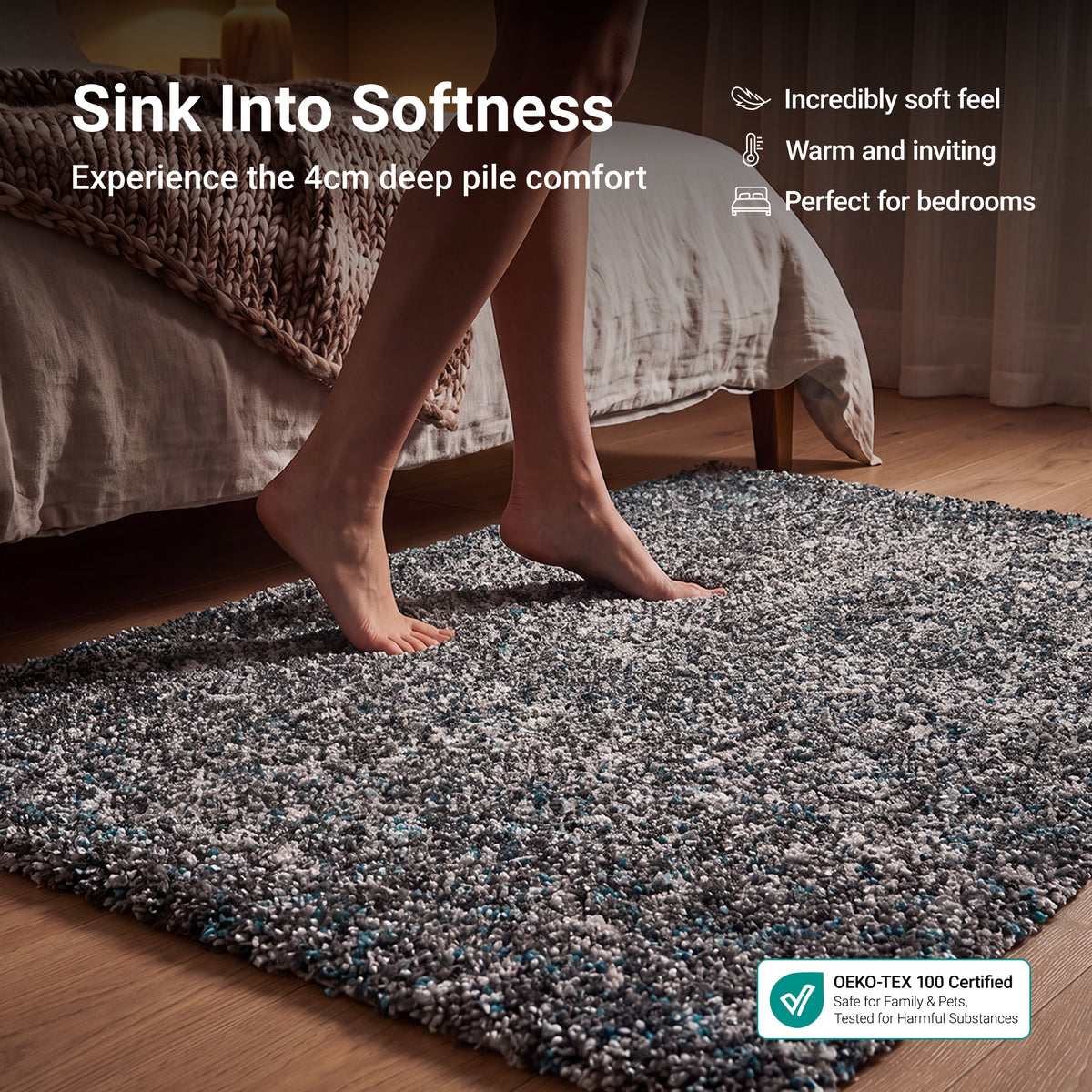 Enjoy Blue and Grey Mottled Shaggy Rug, 4cm Thick Pile, Non-Shedding Polypropylene, Hessian Backed, Multiple Sizes
