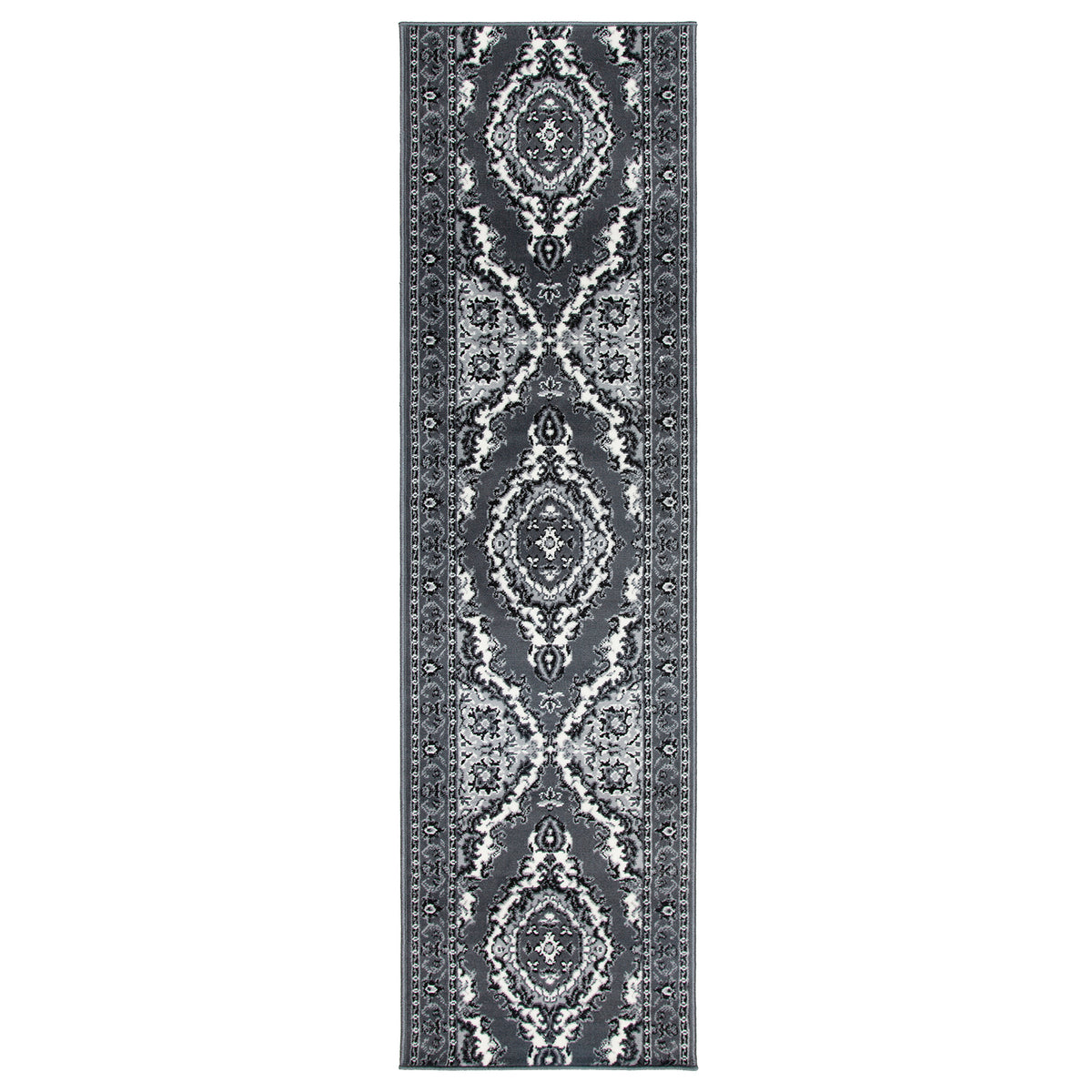 Grey Medallion Stair Runner, Traditional Hessian Backed Hallway Carpet Runner, 60cm Wide, 9mm Pile, Custom Lengths