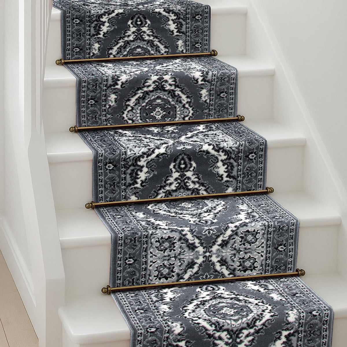 Grey Medallion Stair Runner, Traditional Hessian Backed Hallway Carpet Runner, 60cm Wide, 9mm Pile, Custom Lengths