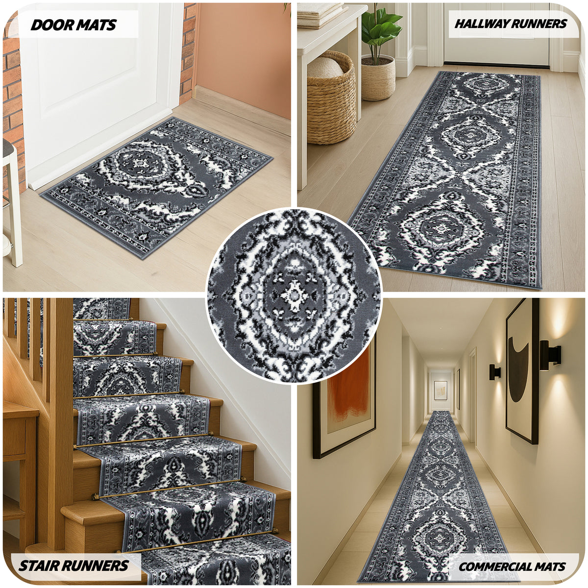 Grey Medallion Stair Runner, Traditional Hessian Backed Hallway Carpet Runner, 60cm Wide, 9mm Pile, Custom Lengths