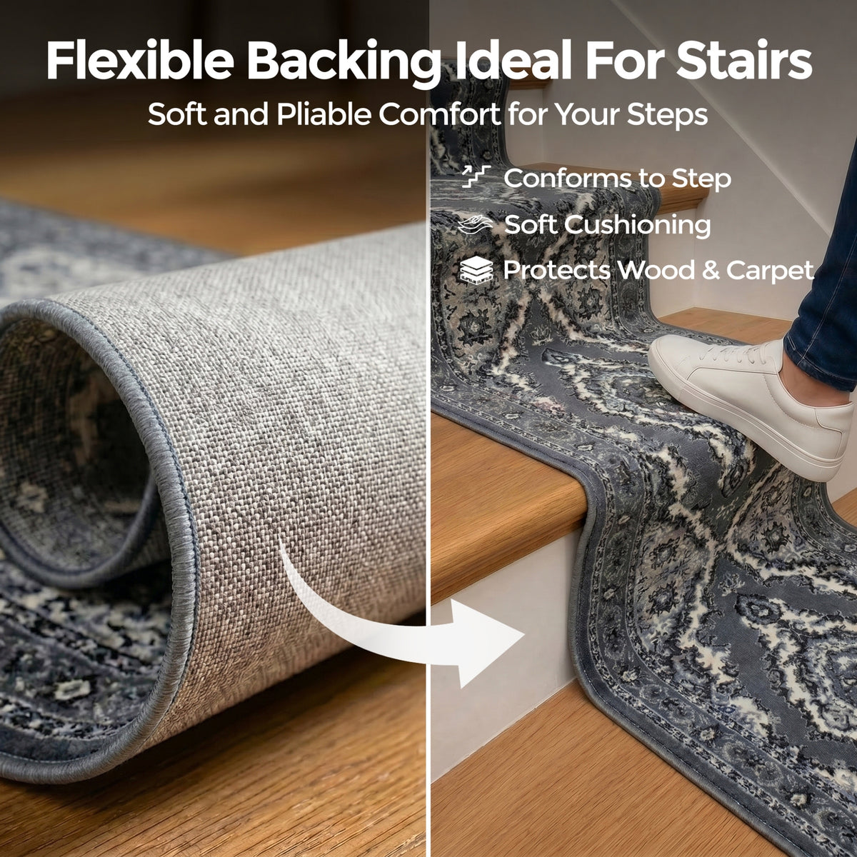 Grey Medallion Stair Runner, Traditional Hessian Backed Hallway Carpet Runner, 60cm Wide, 9mm Pile, Custom Lengths