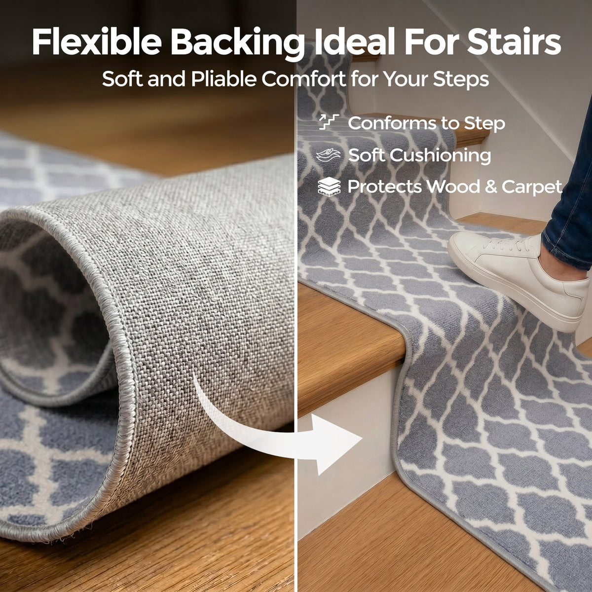 Grey Trellis Stair Runner, Moroccan Geometric Hallway Carpet Runner, Flexible Hessian Backed, 60cm Wide, Custom Length