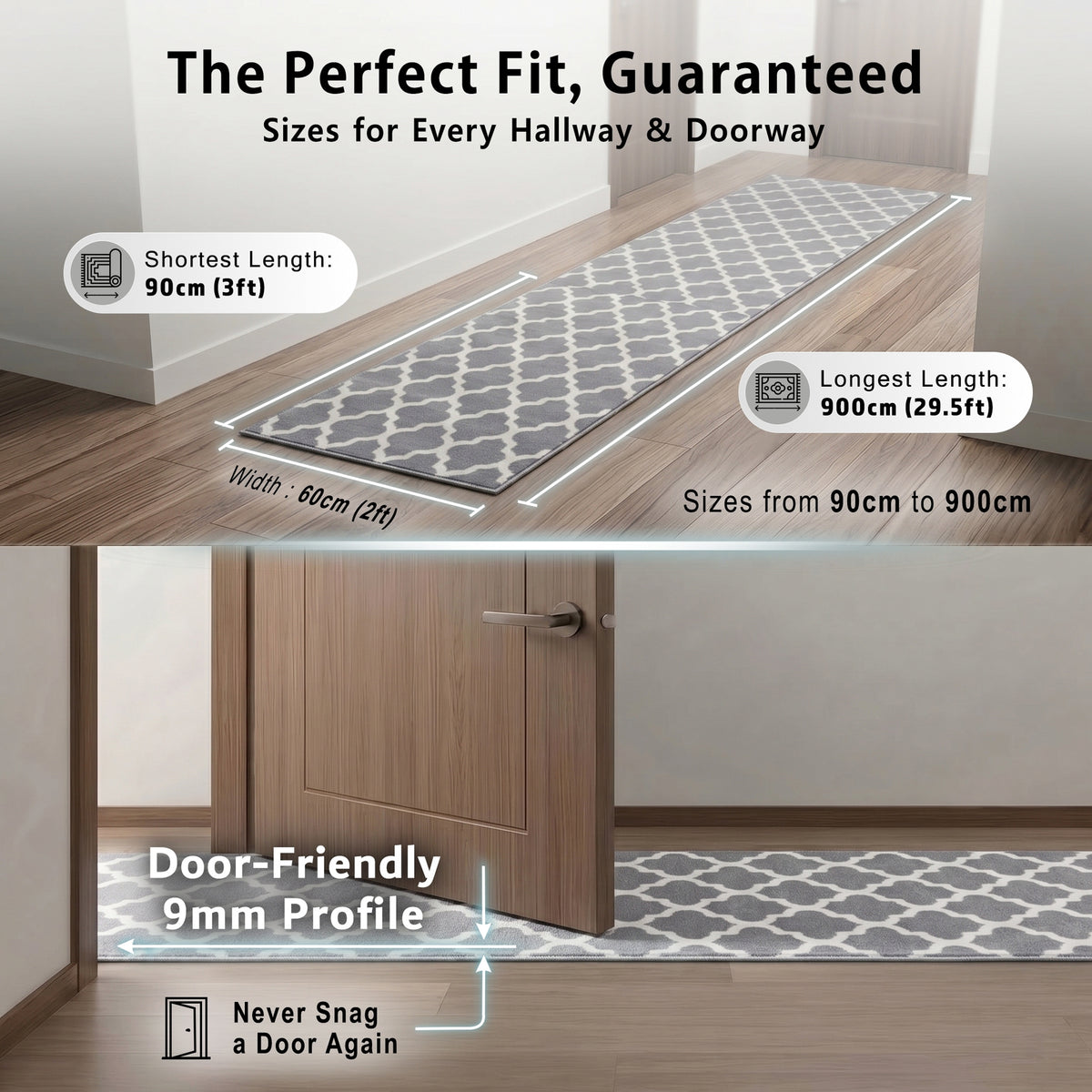 Grey Trellis Stair Runner, Moroccan Geometric Hallway Carpet Runner, Flexible Hessian Backed, 60cm Wide, Custom Length