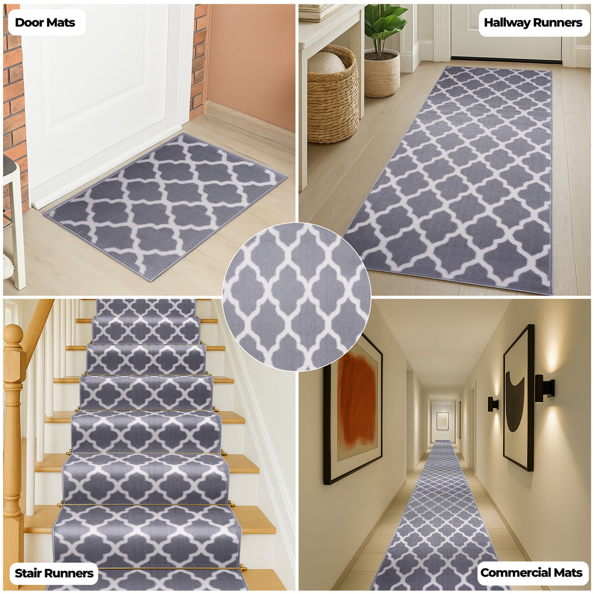 Grey Trellis Stair Runner, Moroccan Geometric Hallway Carpet Runner, Flexible Hessian Backed, 60cm Wide, Custom Length