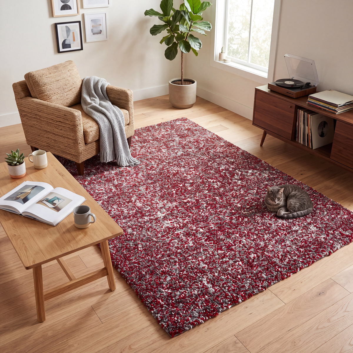 Grey & Red Blend Shaggy Rug - Enjoy