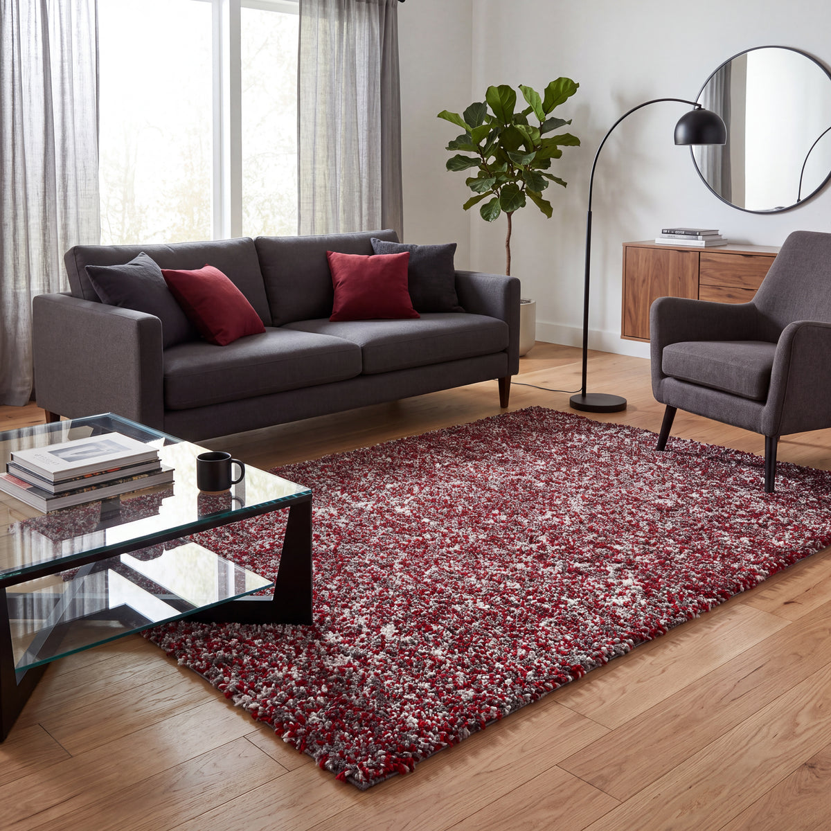 Grey & Red Blend Shaggy Rug - Enjoy