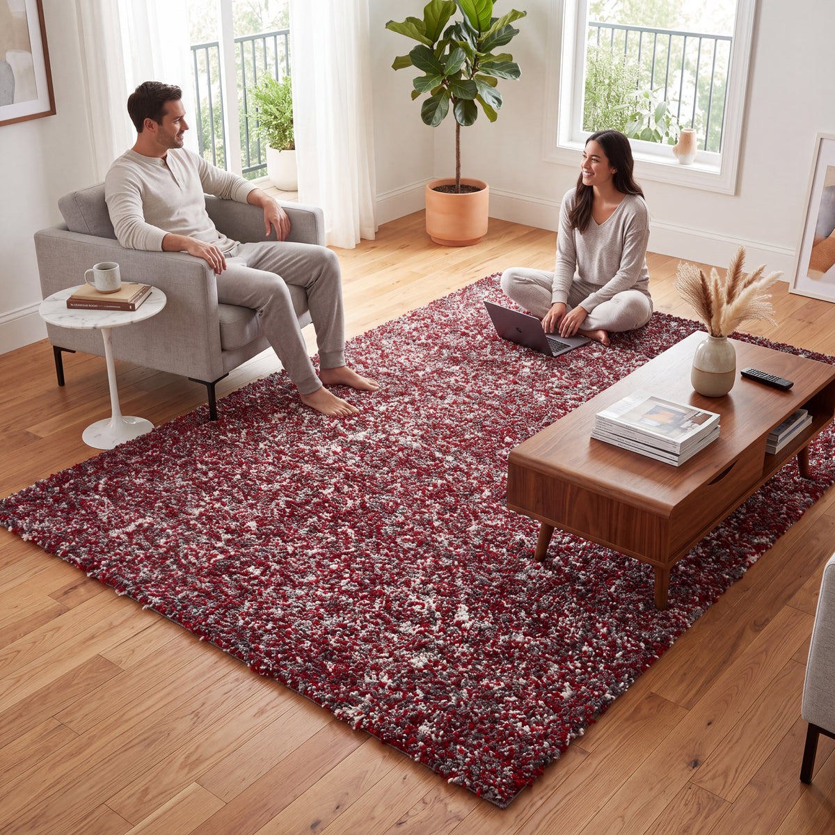 Grey & Red Blend Shaggy Rug - Enjoy
