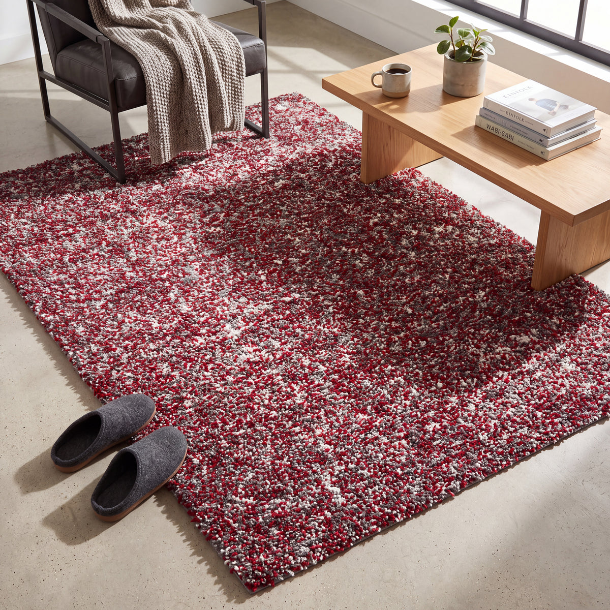 Grey & Red Blend Shaggy Rug - Enjoy