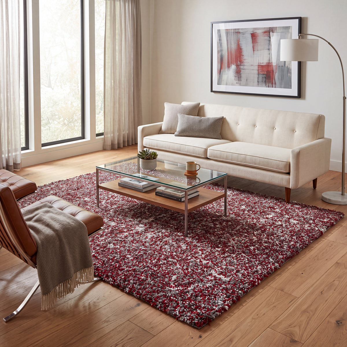 Grey & Red Blend Shaggy Rug - Enjoy