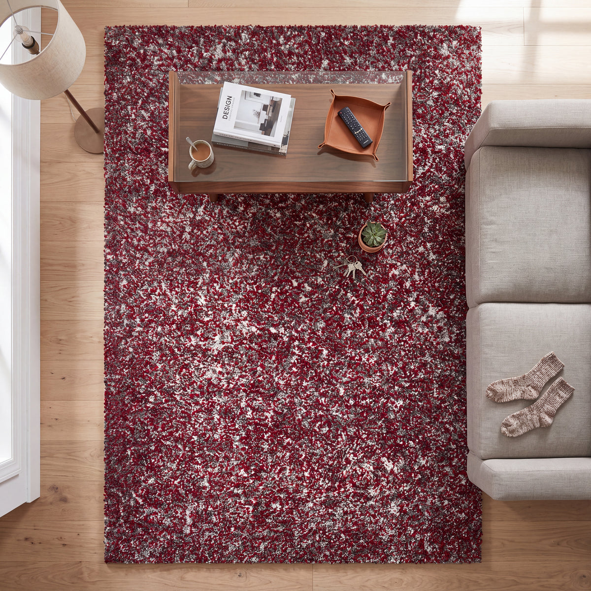 Grey & Red Blend Shaggy Rug - Enjoy