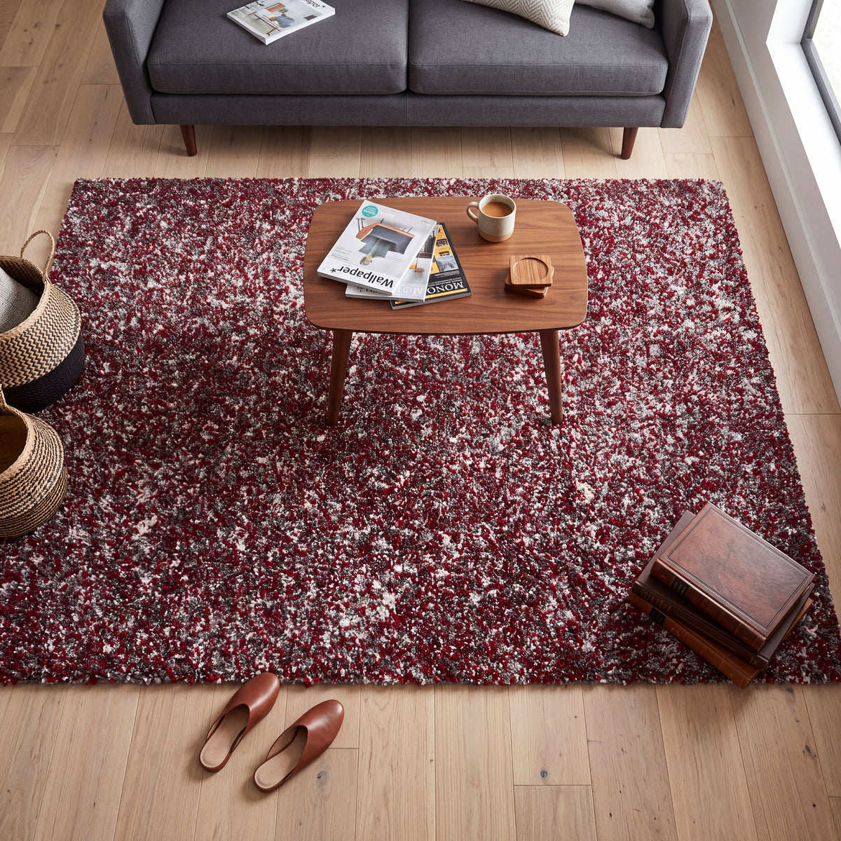 Grey & Red Blend Shaggy Rug - Enjoy