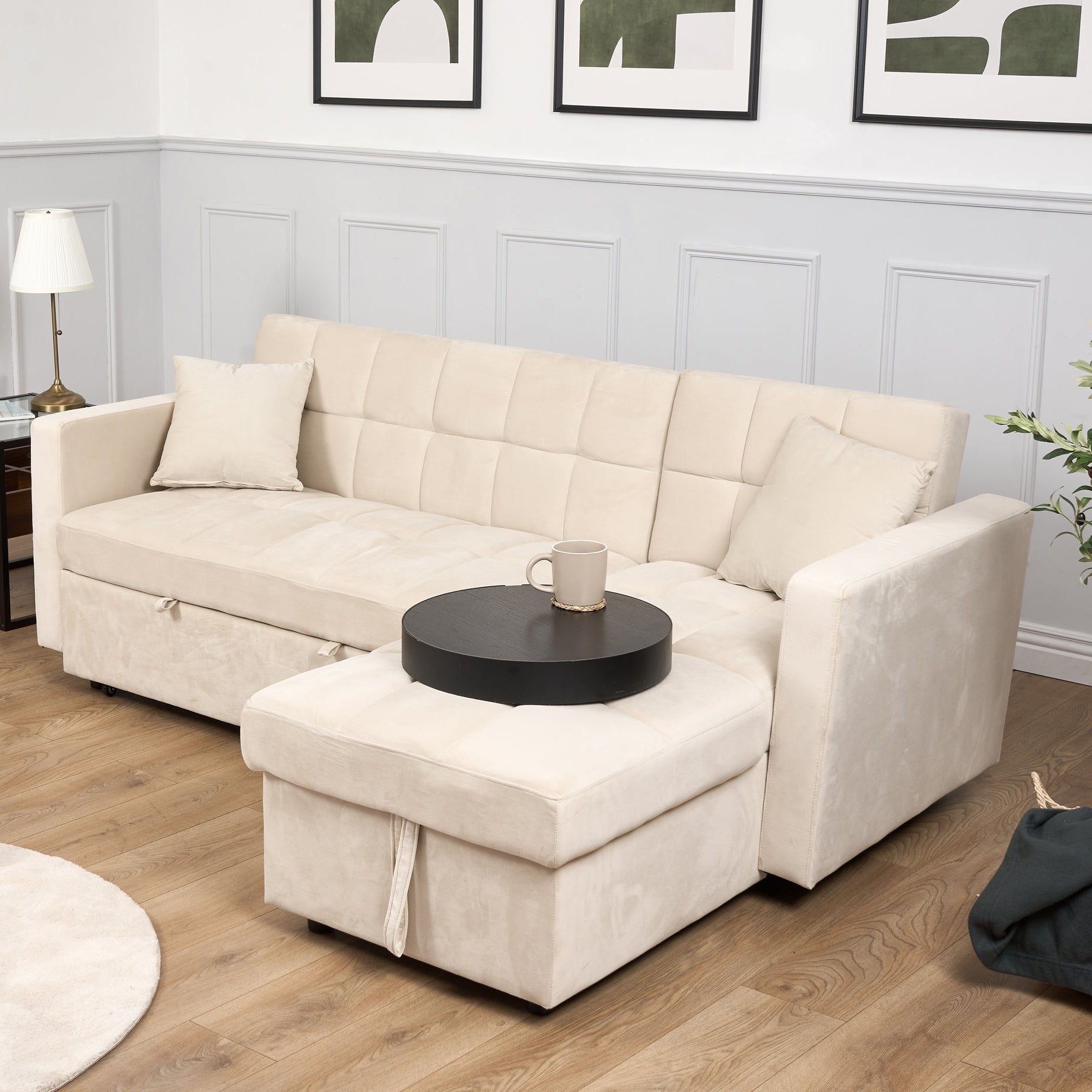 Milo Cream Corner Sofa Bed with Storage - Velvet Sofa Bed & Pull Out Bed