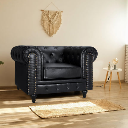 Faux Leather Chesterfield Sofa Suite - Black-5056536103642-Bargainia.com