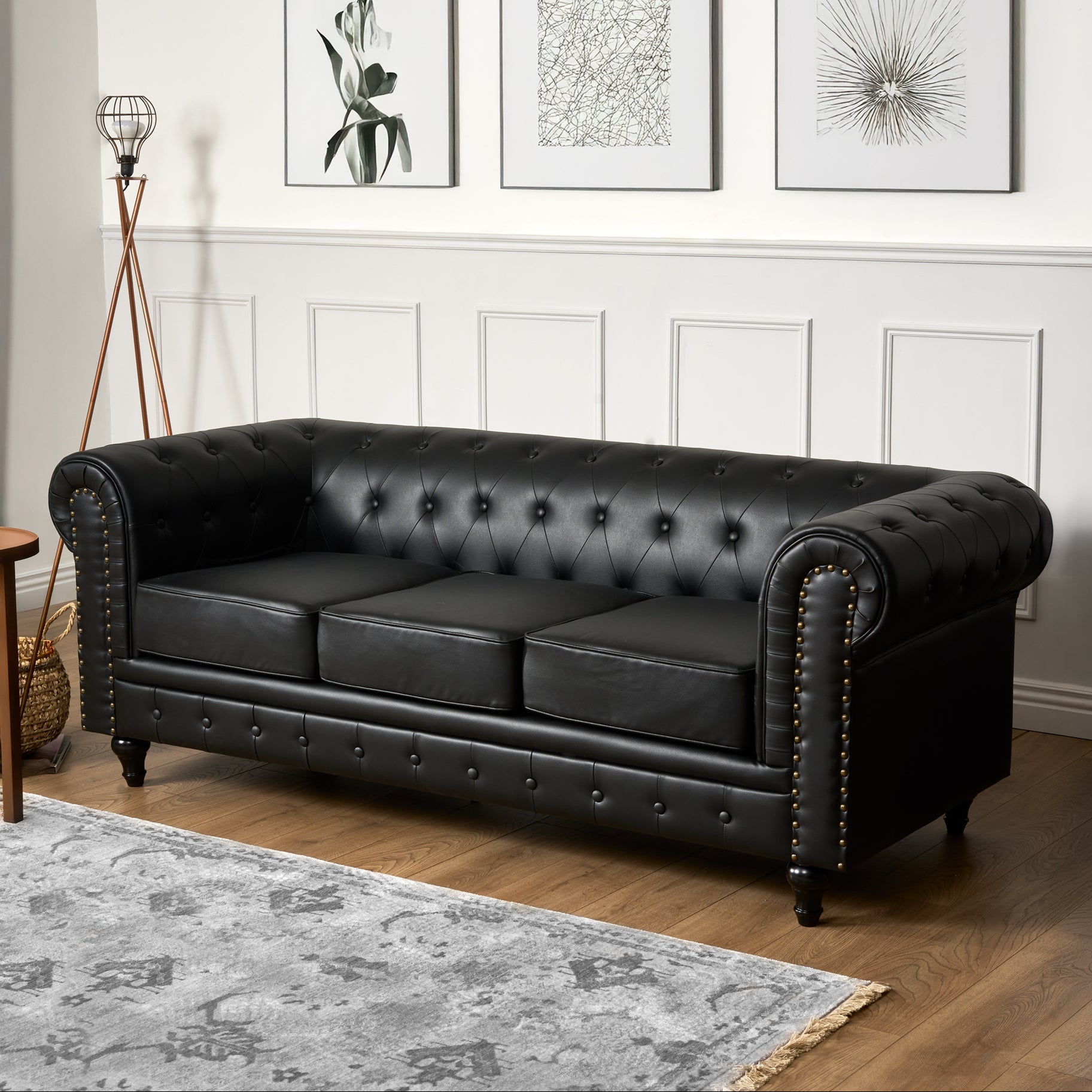 Chesterfield Black Faux Leather Sofa, 3 Seater Settee with Rolled Arms, Button Back and Gold Studs