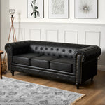 Chesterfield Black Faux Leather Sofa, 3 Seater Settee with Rolled Arms, Button Back and Gold Studs