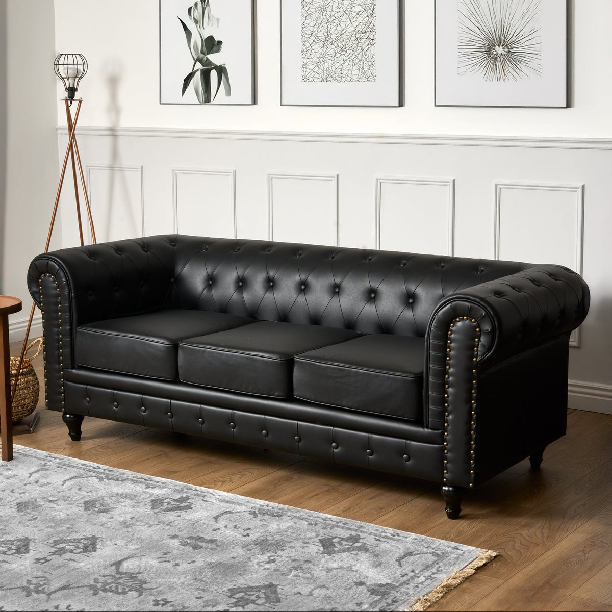 Chesterfield Black Faux Leather Sofa, 3 Seater Settee with Rolled Arms, Button Back and Gold Studs