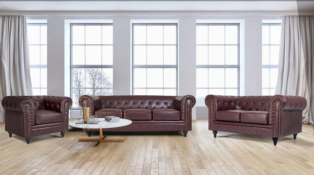 Faux Leather Chesterfield Sofa Suite - Brown Furniture Bargainia Full Suite 1 + 2 + 3 Seater