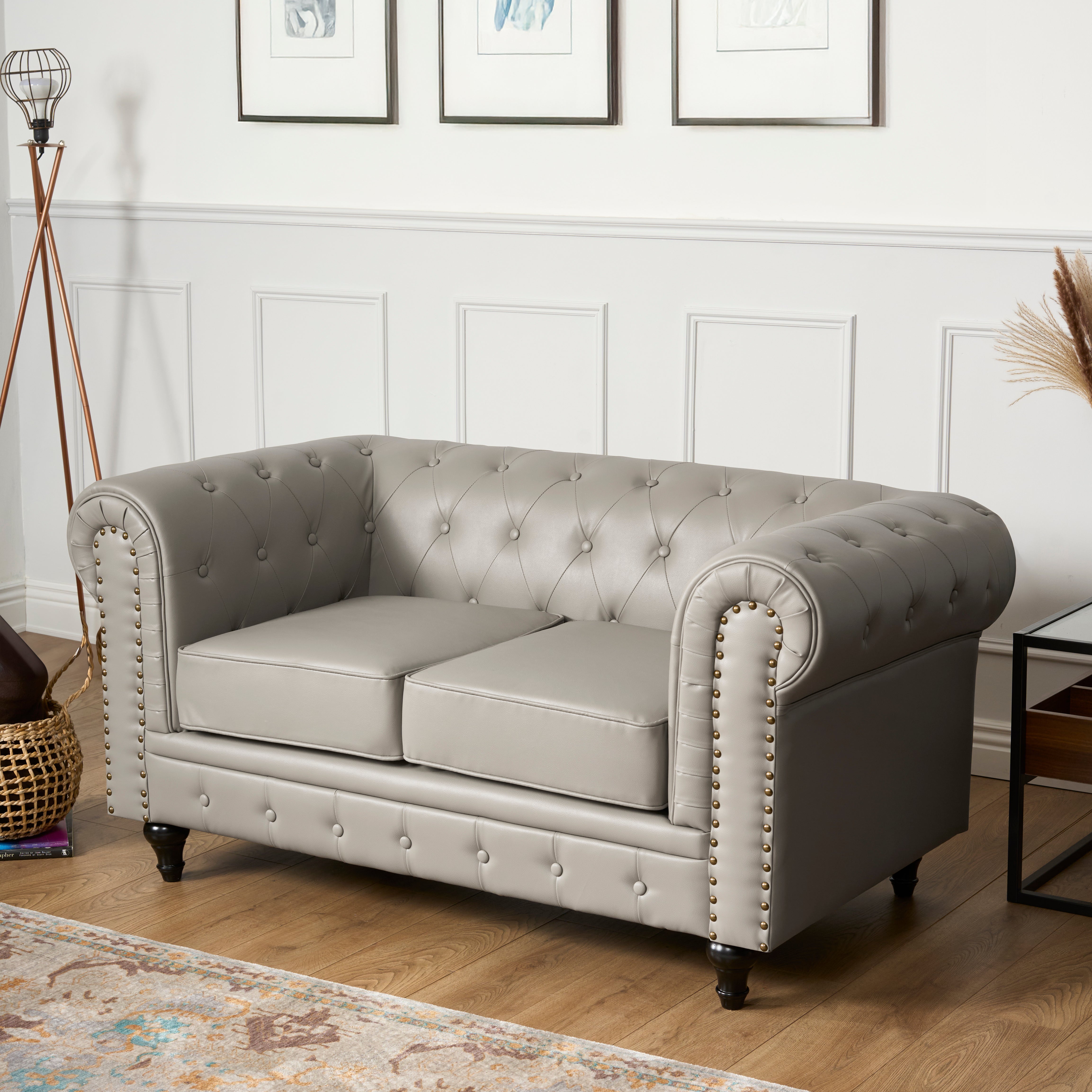 Faux Leather Chesterfield Two Seater Sofa - Light Grey