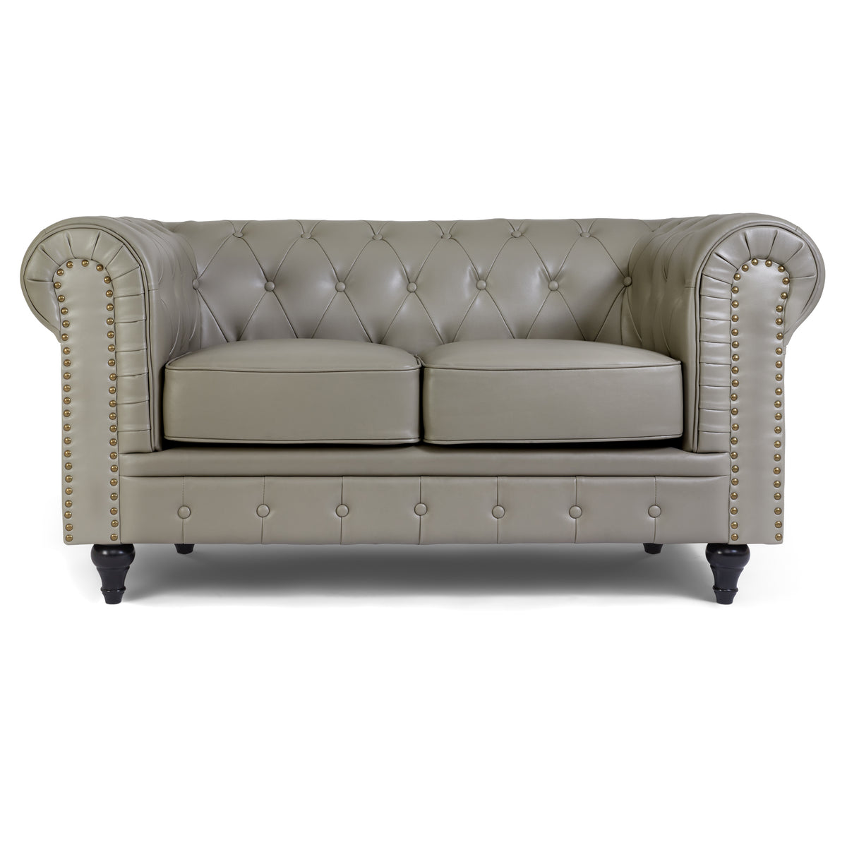 Chesterfield Grey Faux Leather Sofa Set, 2 and 3 Seater Settees with Rolled Arms, Button Backs and Gold Studs