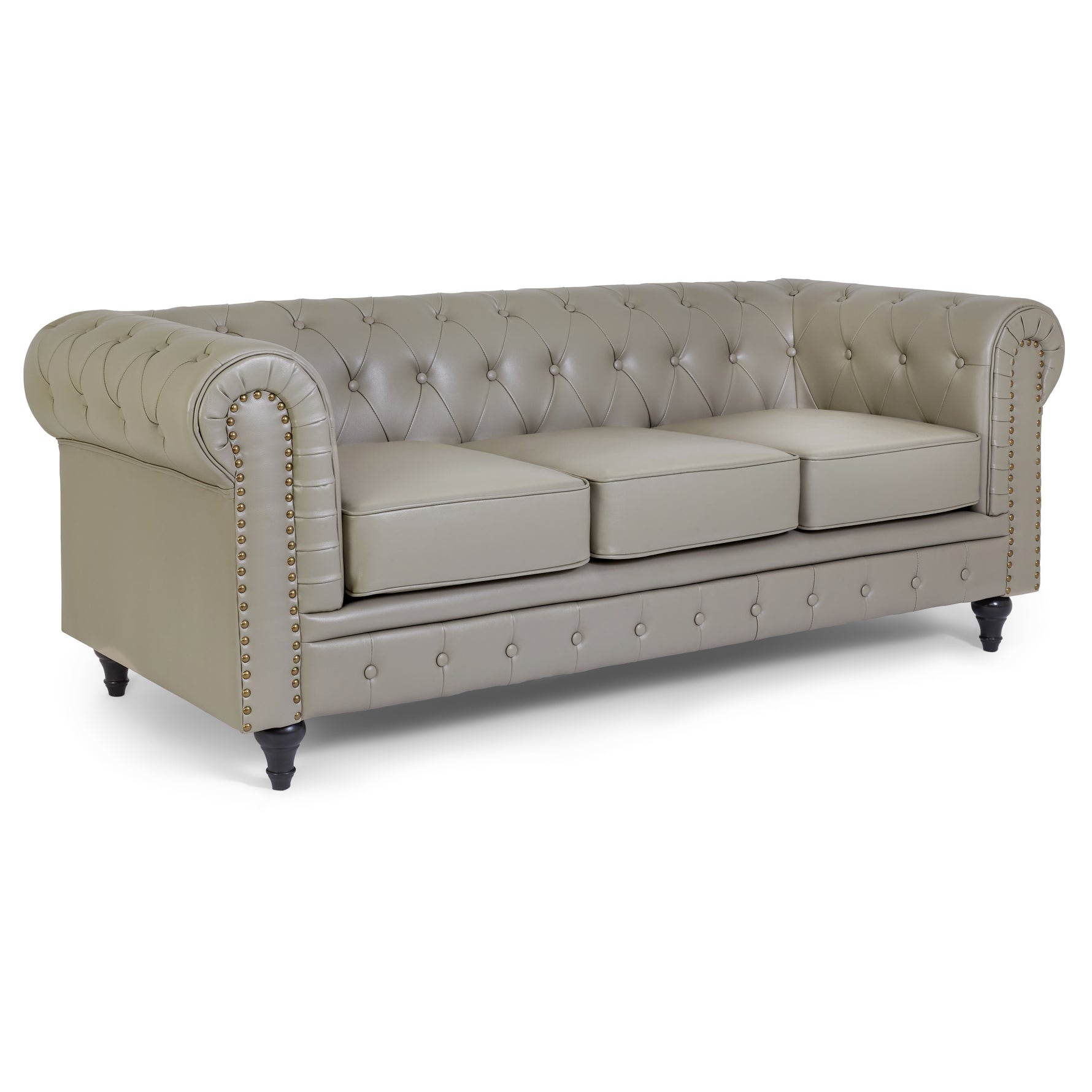 Faux Leather Chesterfield Three Seater Sofa - Light Grey