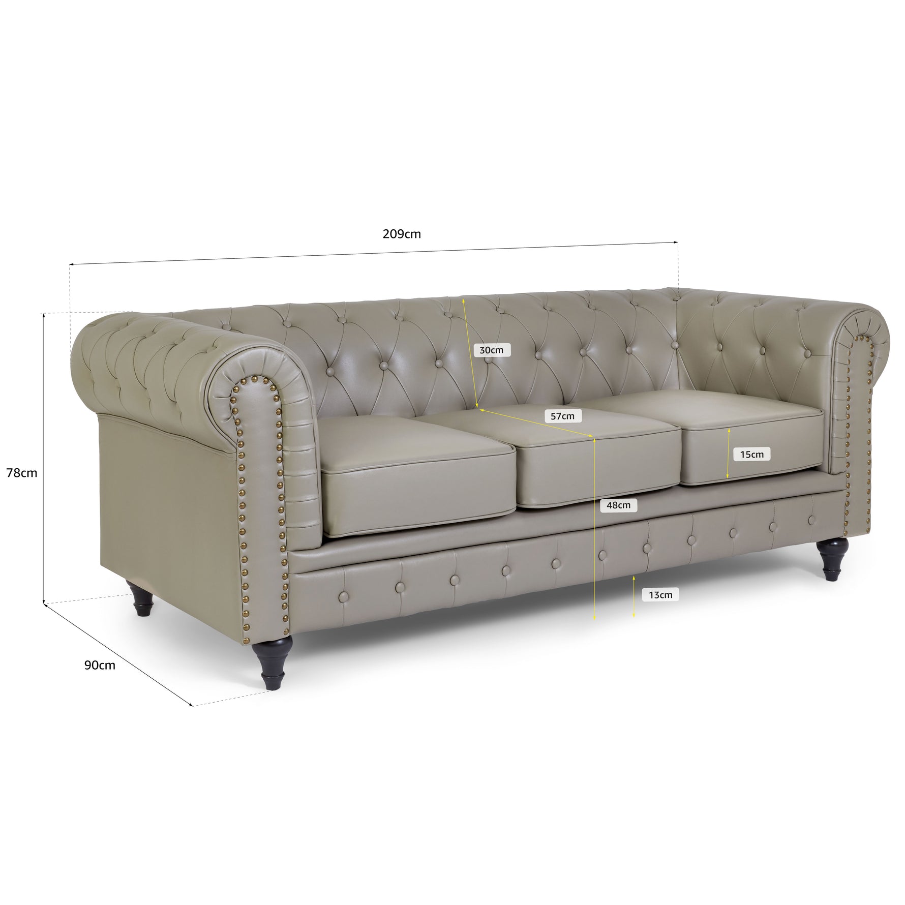 Faux Leather Chesterfield Three Seater Sofa - Light Grey