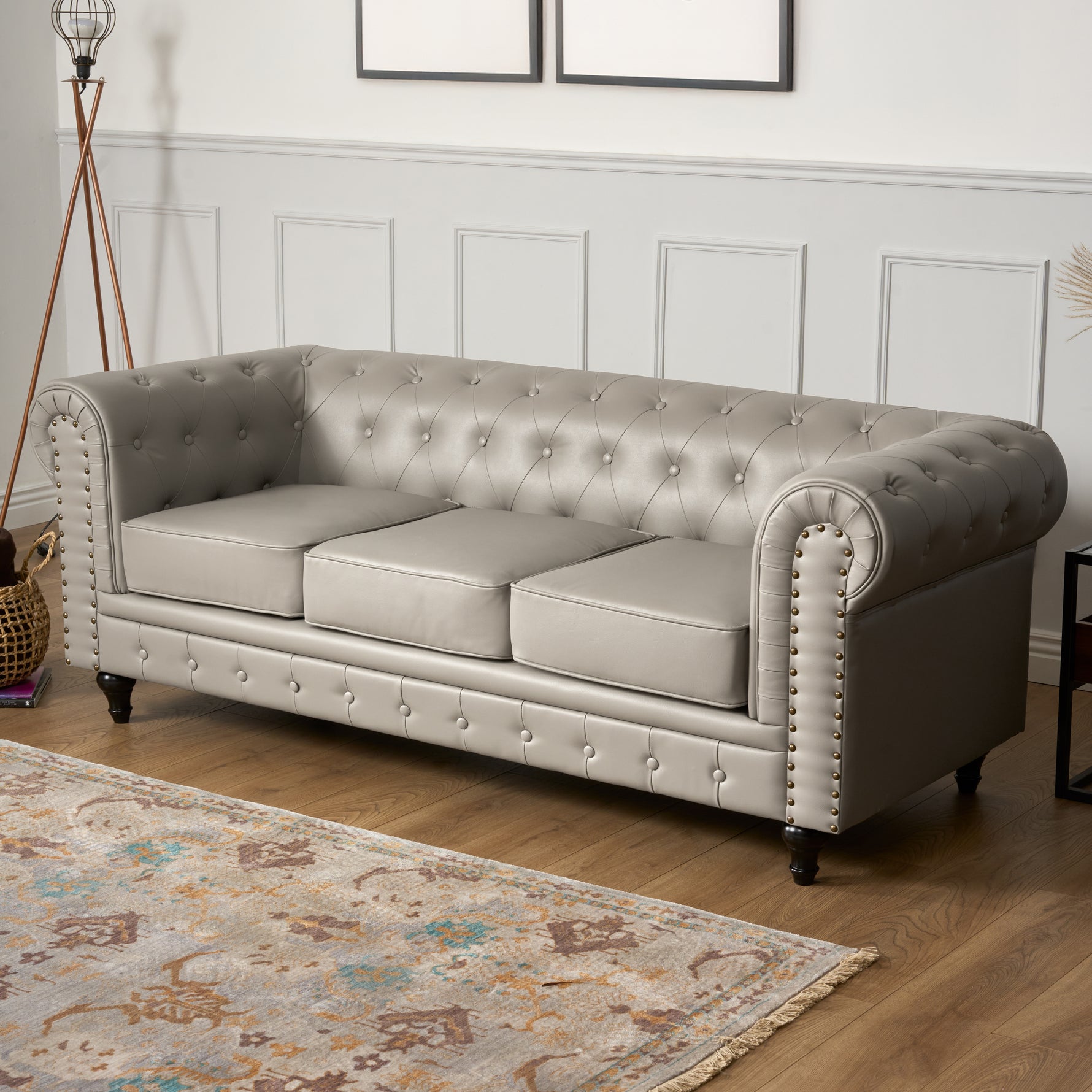 Faux Leather Chesterfield Three Seater Sofa - Light Grey