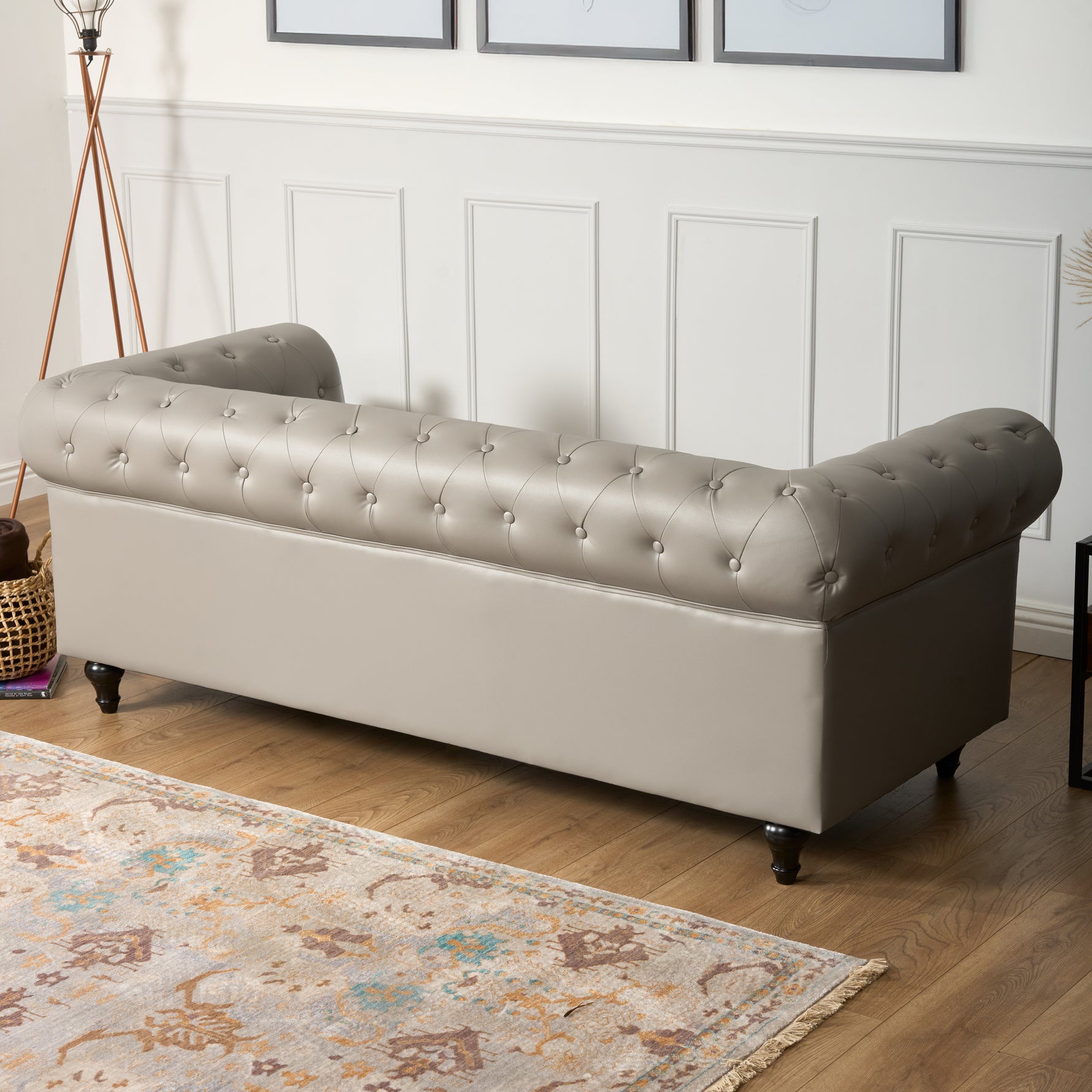Faux Leather Chesterfield Three Seater Sofa - Light Grey