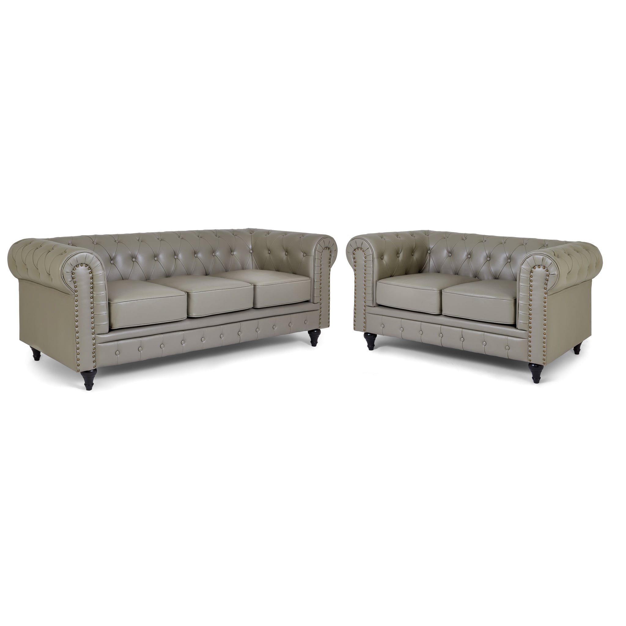 Chesterfield Grey Faux Leather Sofa Set, 2 and 3 Seater Settees with Rolled Arms, Button Backs and Gold Studs