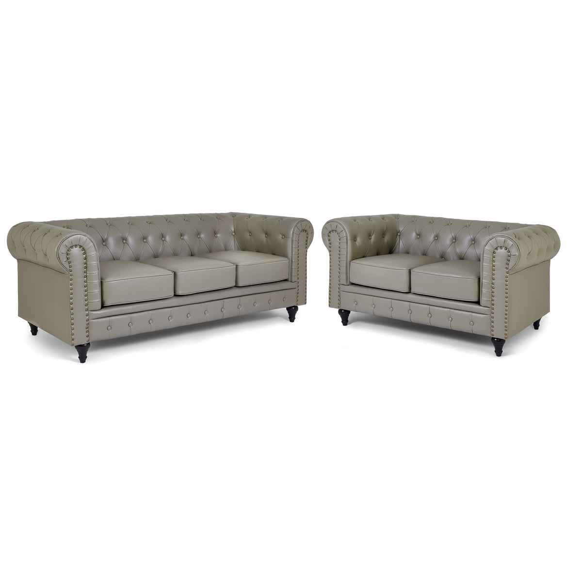 Chesterfield Grey Faux Leather Sofa Set, 2 and 3 Seater Settees with Rolled Arms, Button Backs and Gold Studs